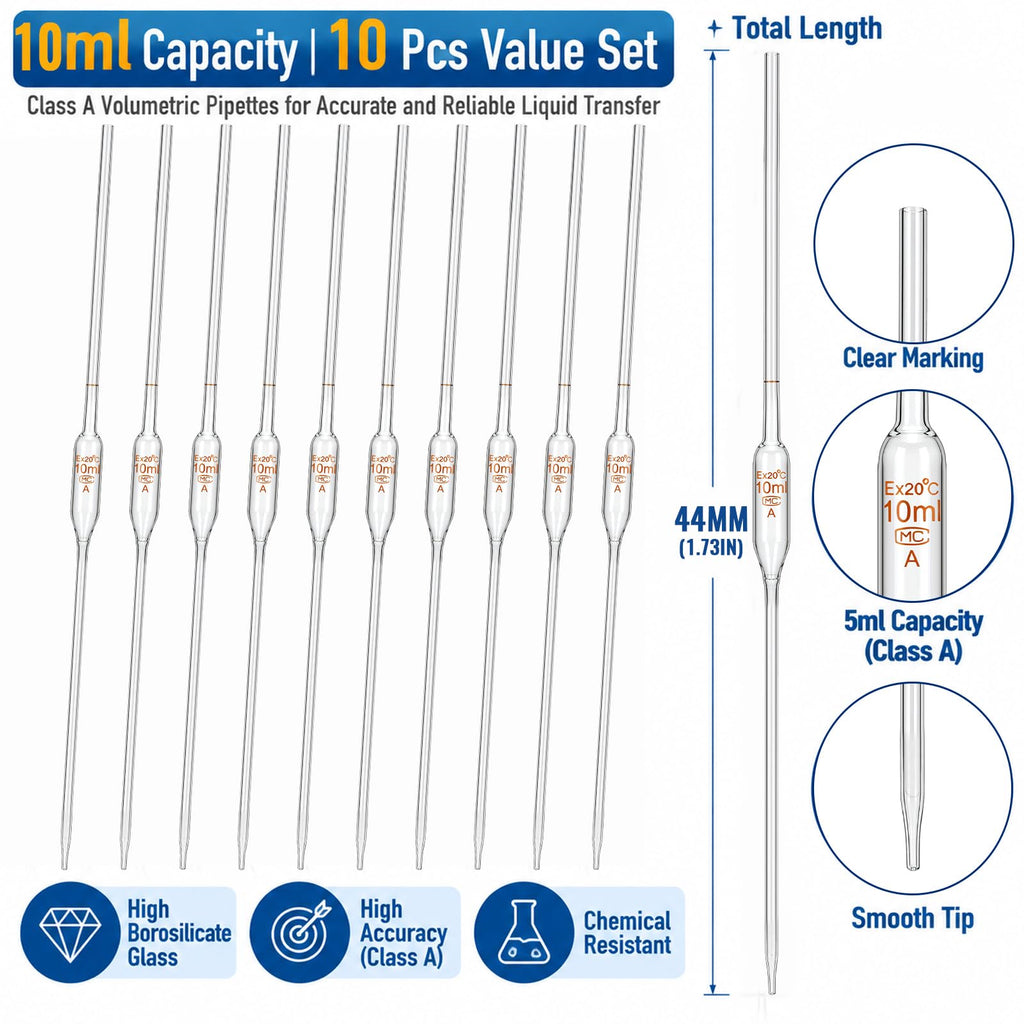 10 Pcs 10 ml Class a Volumetric Pipettes Borosilicate Glass