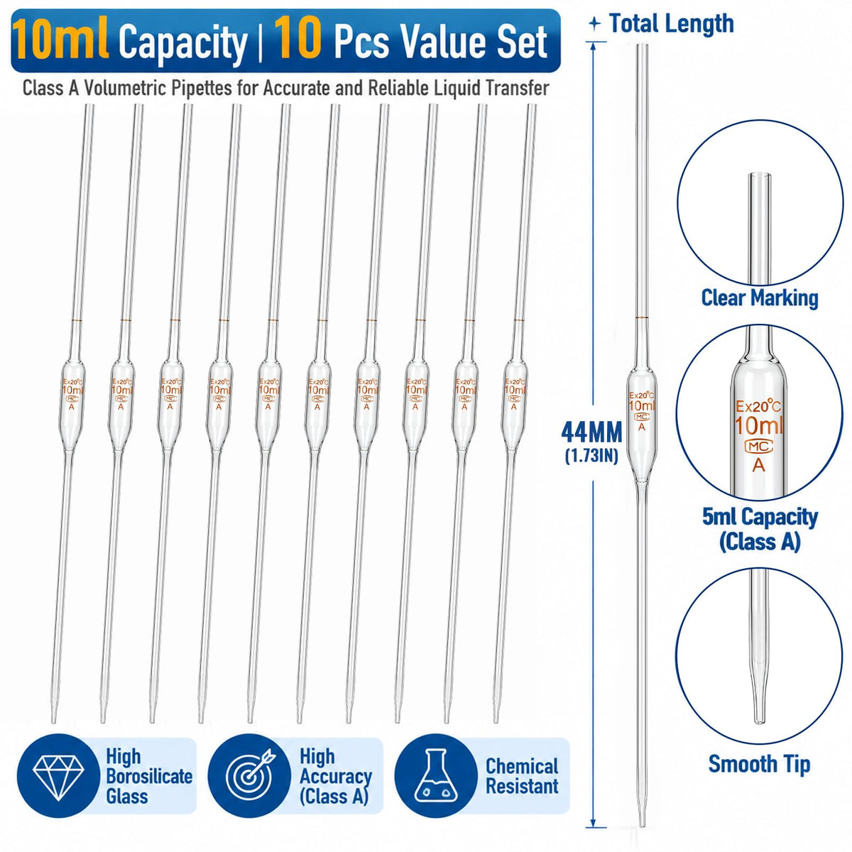 10 Pcs 10 ml Class a Volumetric Pipettes Borosilicate Glass