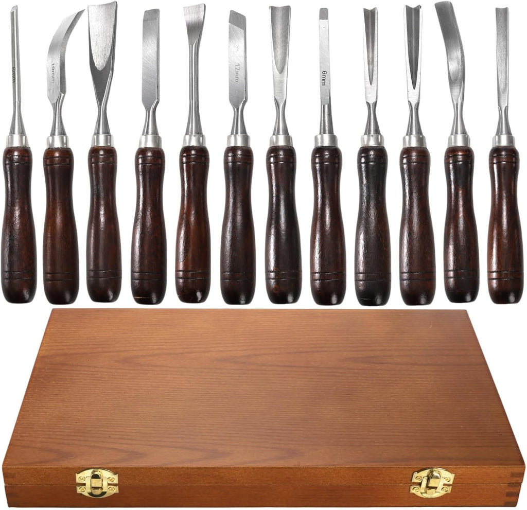 12 Pieces Wood Chisel Set, Woodworking Carving Tools with Wooden Box | CR-V Steel Edge Blade with Premium Wood