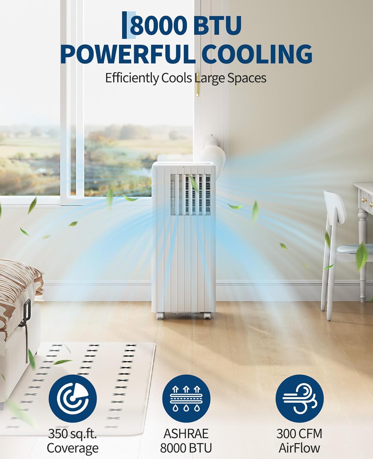 8000 BTU Portable Air Conditioner, 3-in-1 Cooling, Dehumidifying & Fan for Rooms Up to 350 Sq. Ft | Quiet Sleep Mode