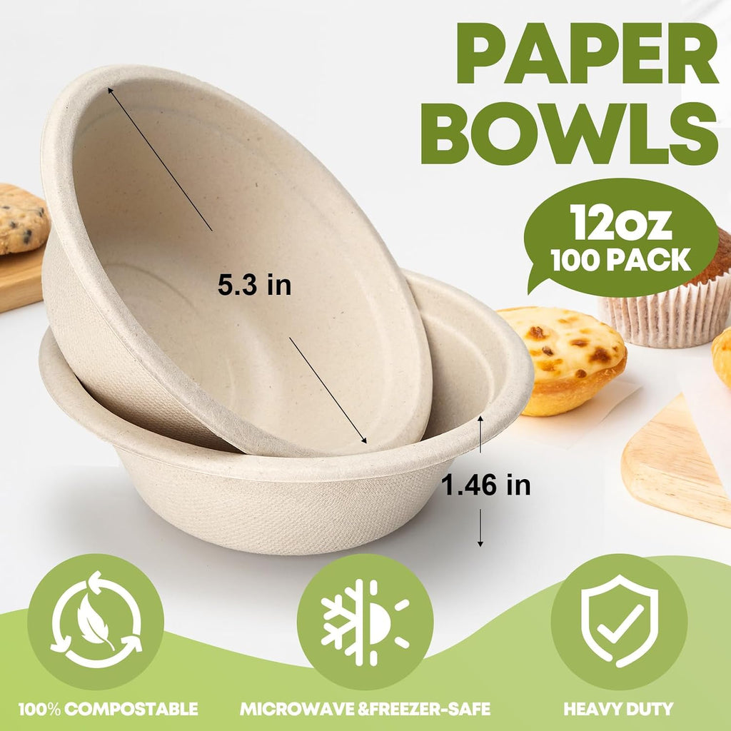 12 oz Paper Bowls Disposable 100-Count, Compostable Bagasse Bowls