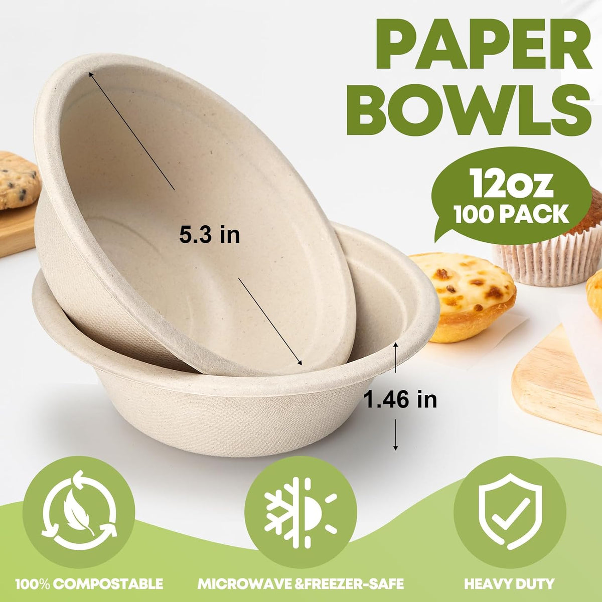 12 oz Paper Bowls Disposable 100-Count, Compostable Bagasse Bowls