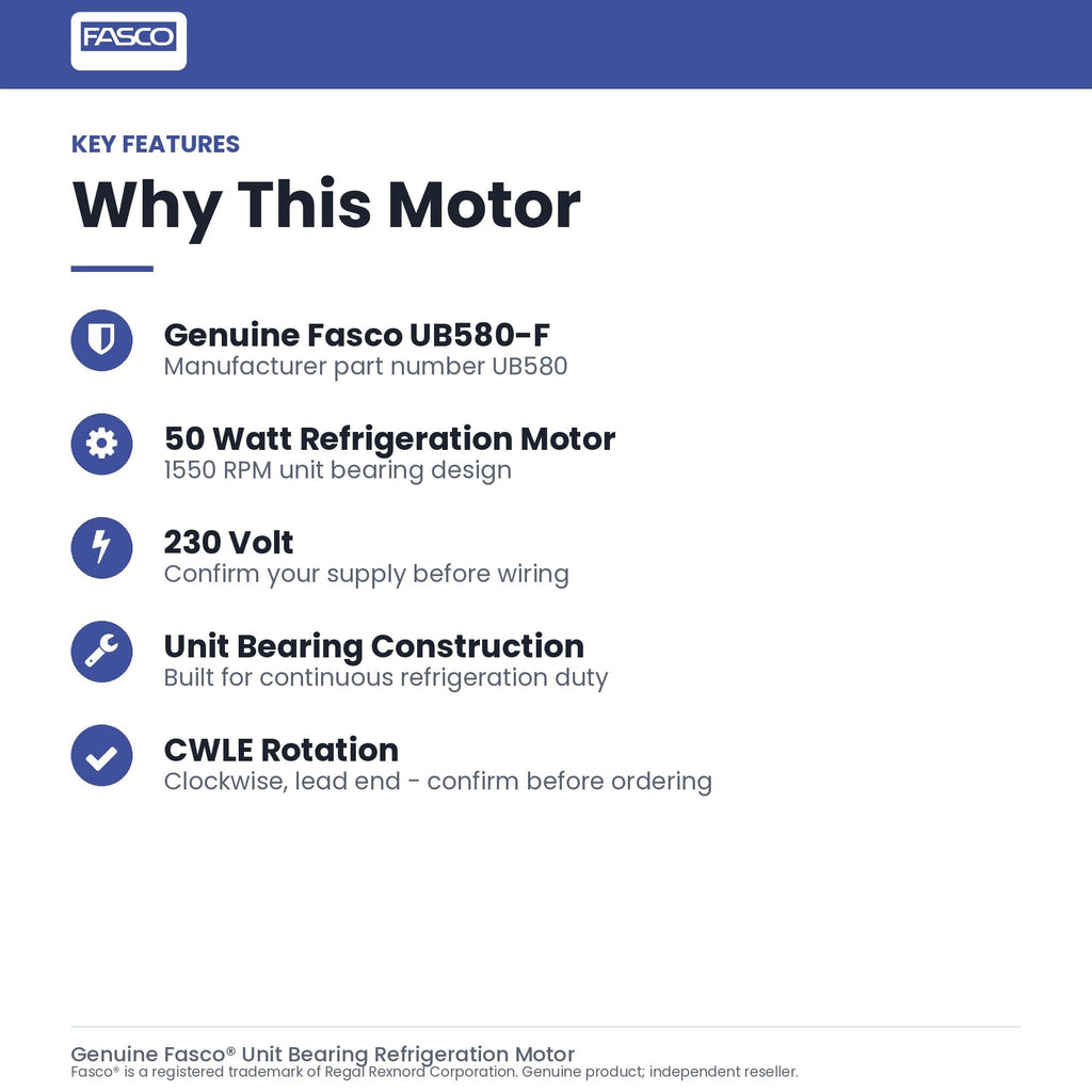 Fasco UB580-F Motor | 50 Watt 1550 RPM CWLE 230V Unit Bearing Refrigeration Motor
