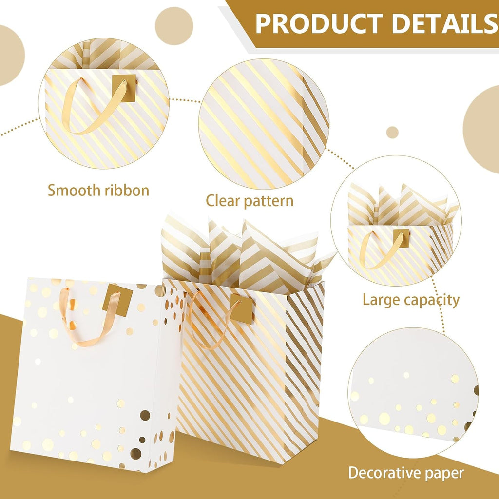 12 Pcs Assorted Gift Bags with Handles Metallic Gold,White.gold