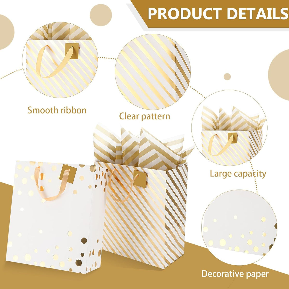 12 Pcs Assorted Gift Bags with Handles Metallic Gold,White.gold