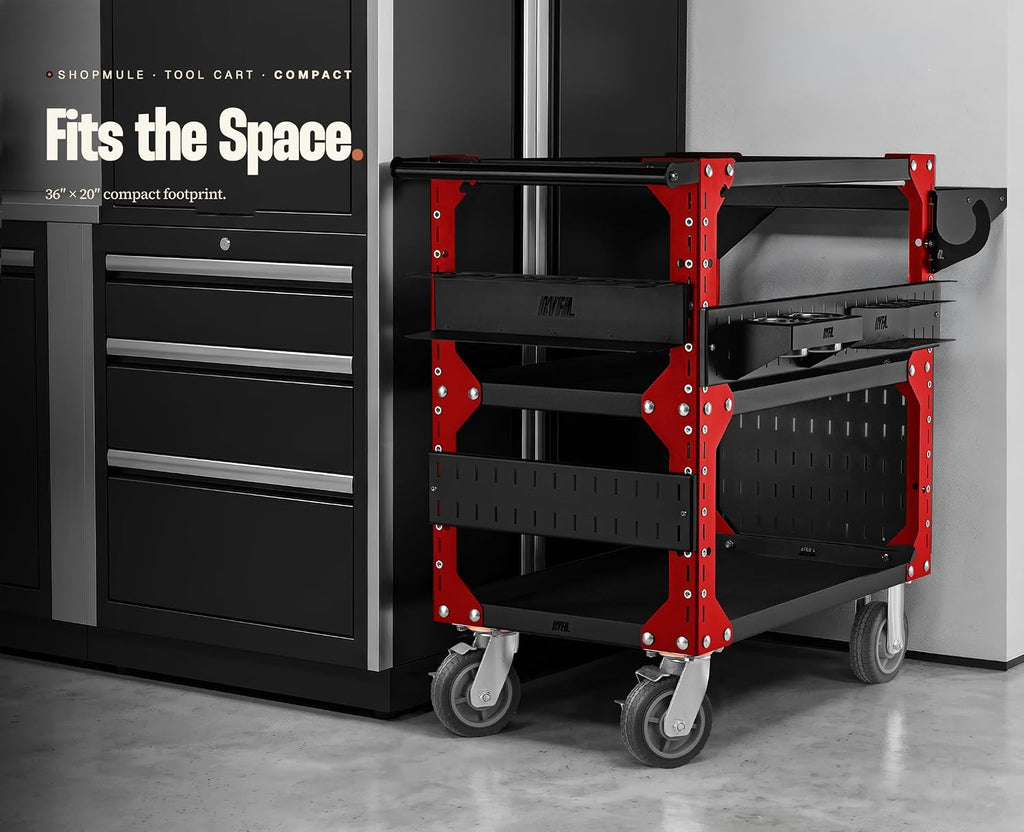 Red Shopmule Rolling Tool Cart, 1250 lb Capacity, Heavy-Duty Steel Utility Cart with 6" Locking Casters, Tray Mats