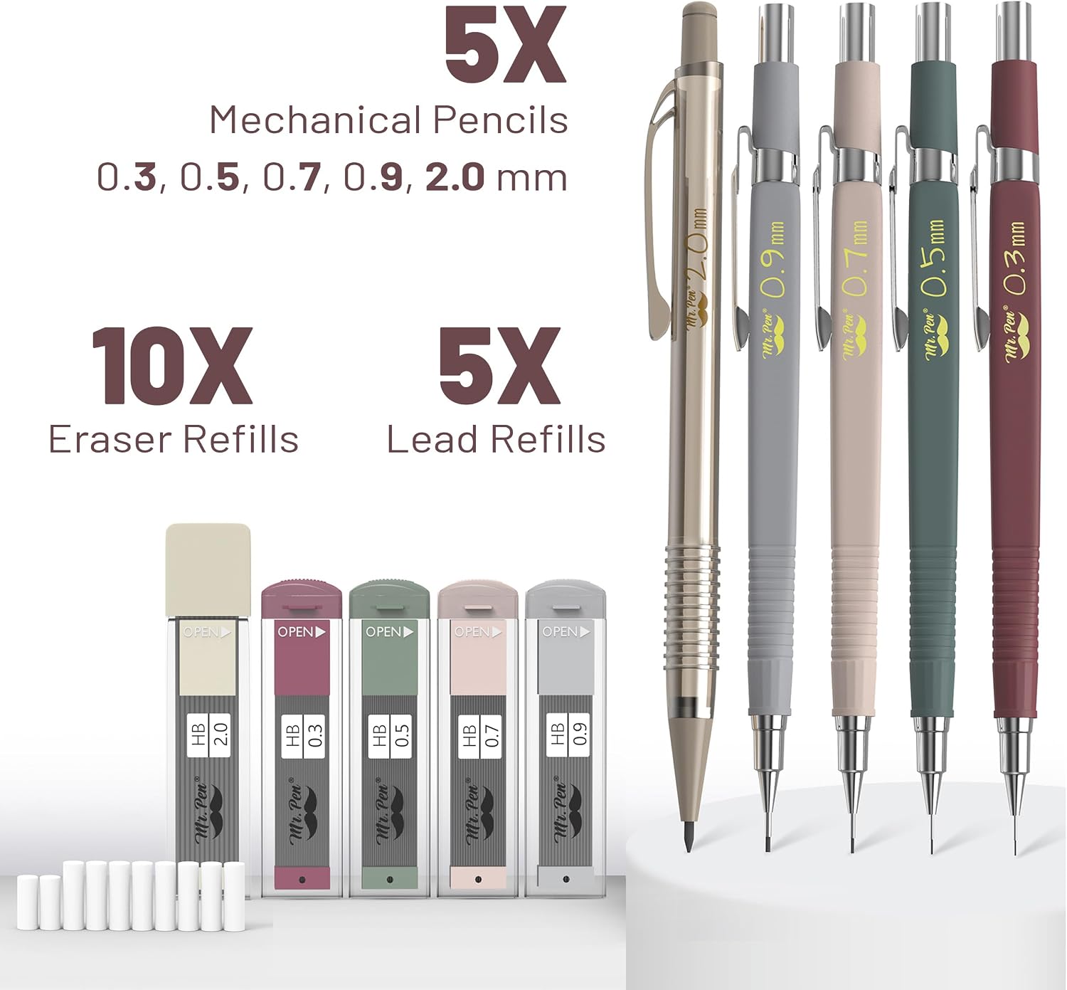 Art Mechanical Pencil Set, 5 Sizes (0.3, 0.5, 0.7, 0.9, 2.0mm) | 5 HB Lead Refills & 10 Eraser Refills, Precision
