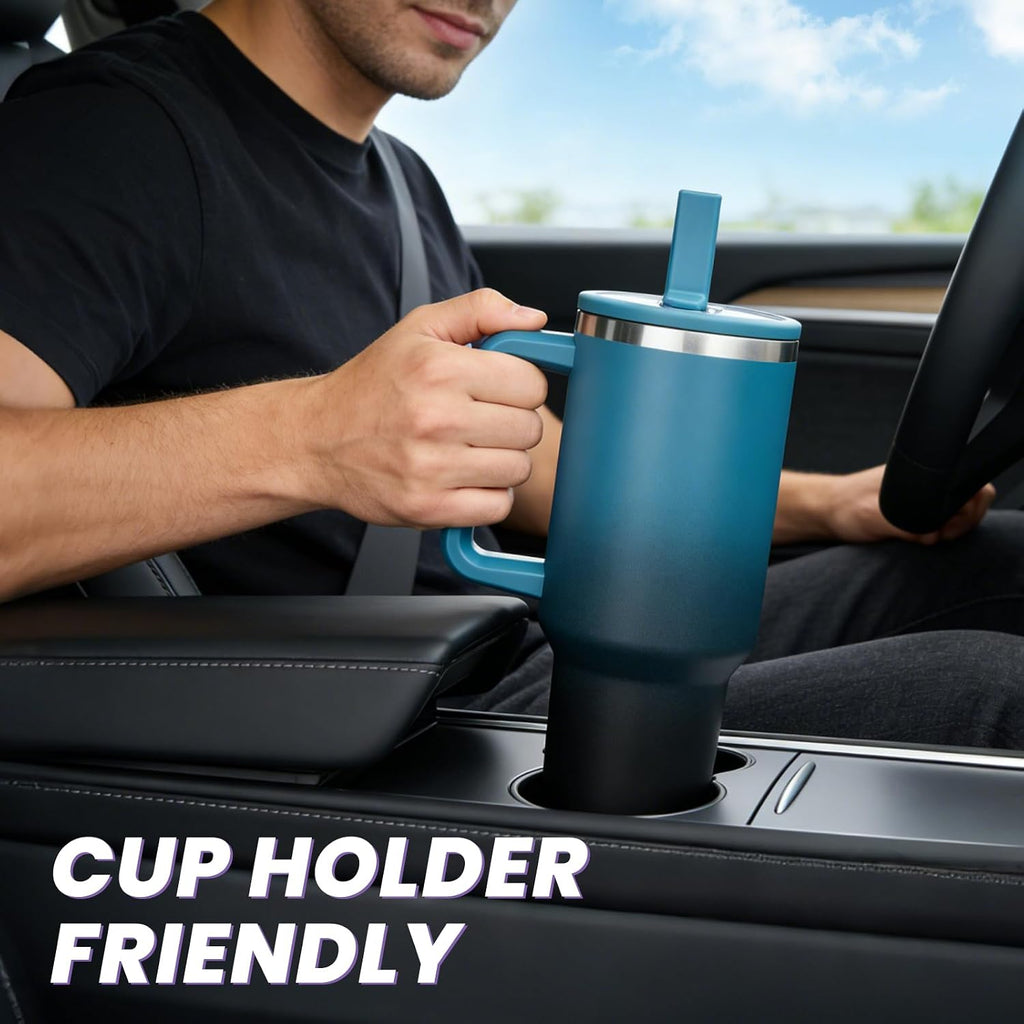 40 oz Leak-Proof Travel Tumbler with Handle & Flip Straw - Insulated Stainless Steel Mug Keeps Drinks Cold 34 Hours &