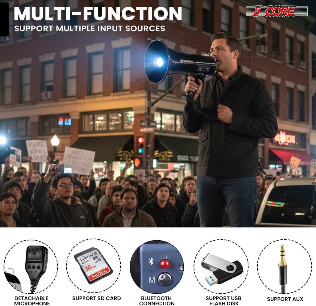 Megaphone Bullhorn 50W Speaker w Bluetooth LED Siren Handheld Mic Adjustable Volume Shoulder Strap Loud Clear Audio