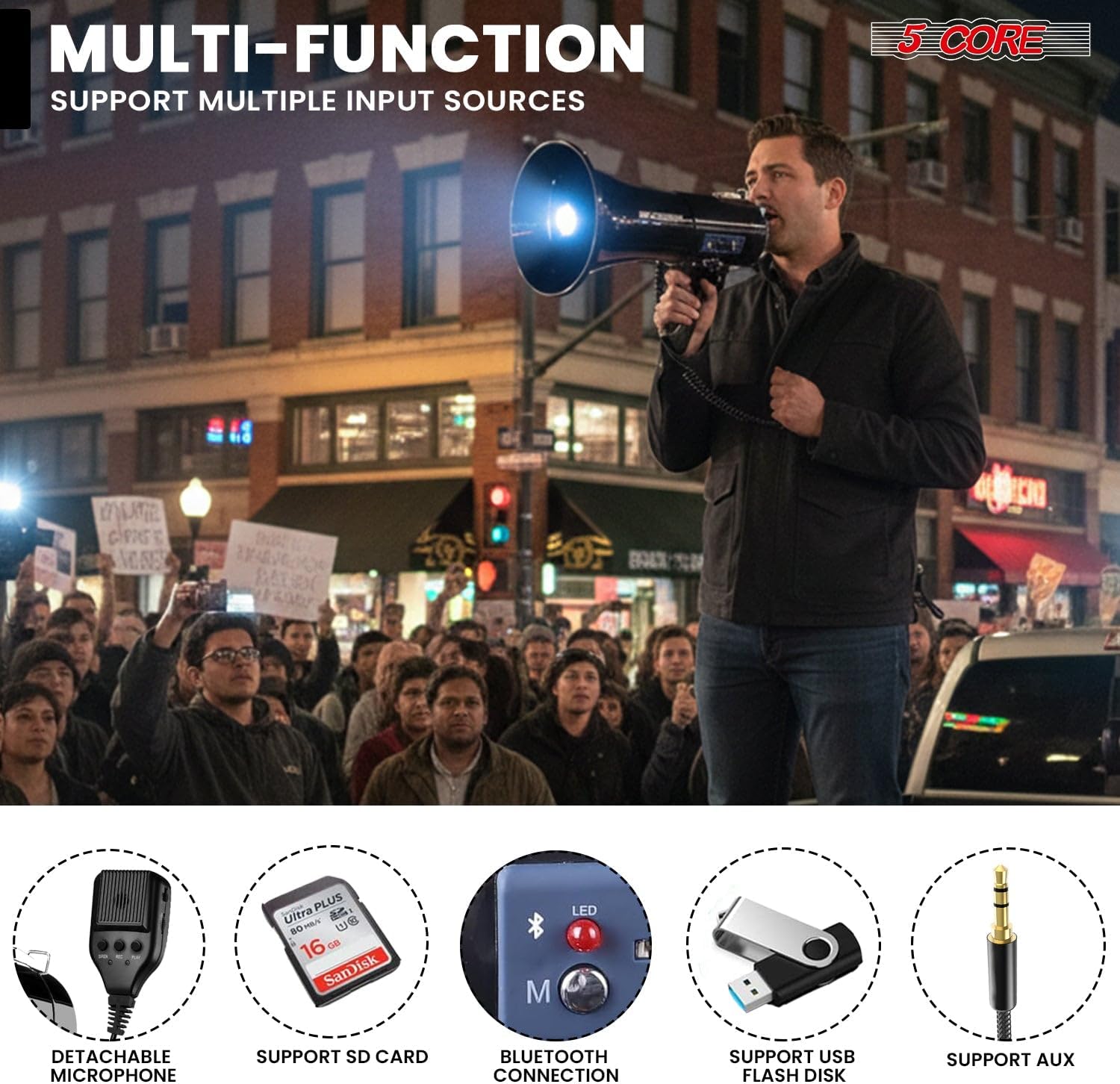 Megaphone Bullhorn 50W Speaker w Bluetooth LED Siren Handheld Mic Adjustable Volume Shoulder Strap Loud Clear Audio
