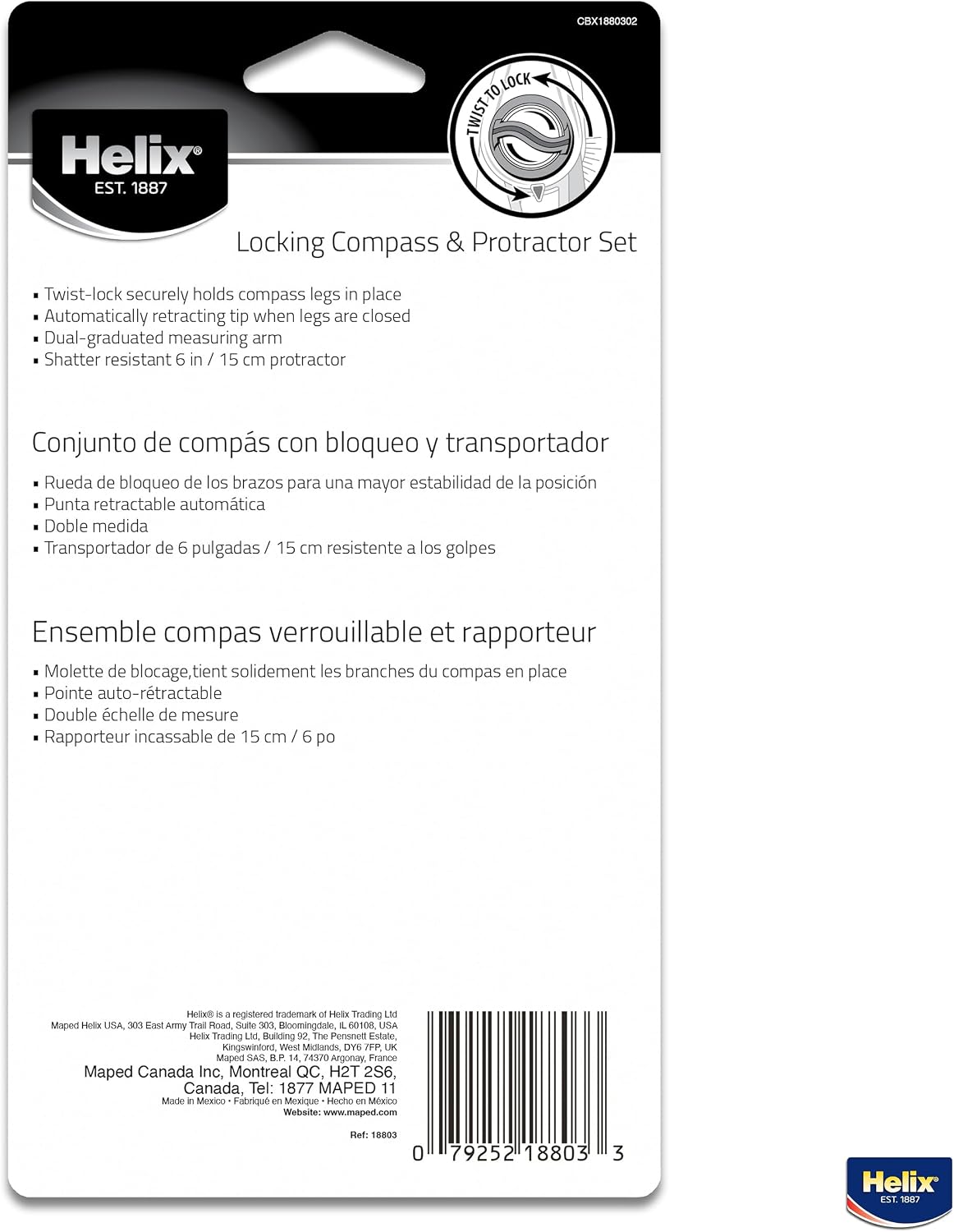 Helix - Compass and Protractor Set - Plastic Locking - 2 Pieces | Ideal for Math Students - Precise Drafting and