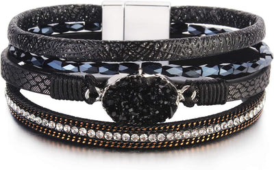 Boho Leather Wrap Bracelet Stackable Chunky Crystal Cuff Bracelets Western Jewelry Summer Beach Outfits for Women