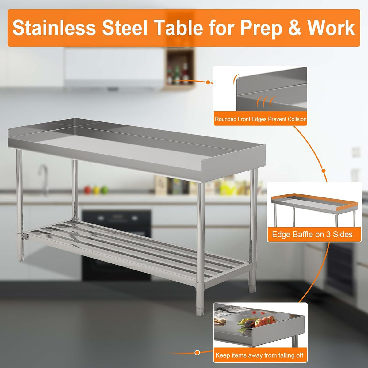 Heavy Duty Stainless Steel Office Work Table with Three-Sided Backsplash – Adjustable Undershelf, Commercial Prep