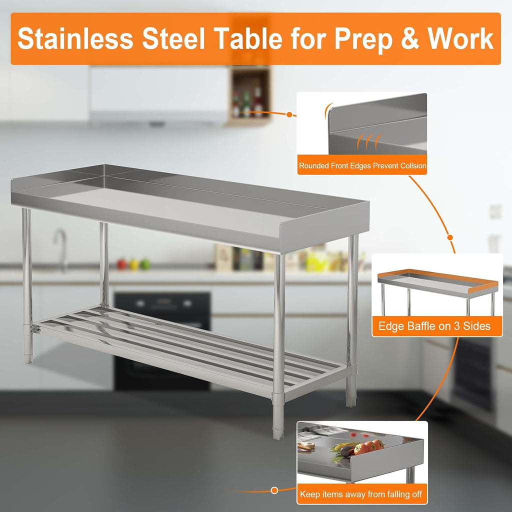48" x 24" NSF Stainless Steel Work Table with Backsplash, Adjustable Undershelf, Heavy Duty Prep Table for Commercial