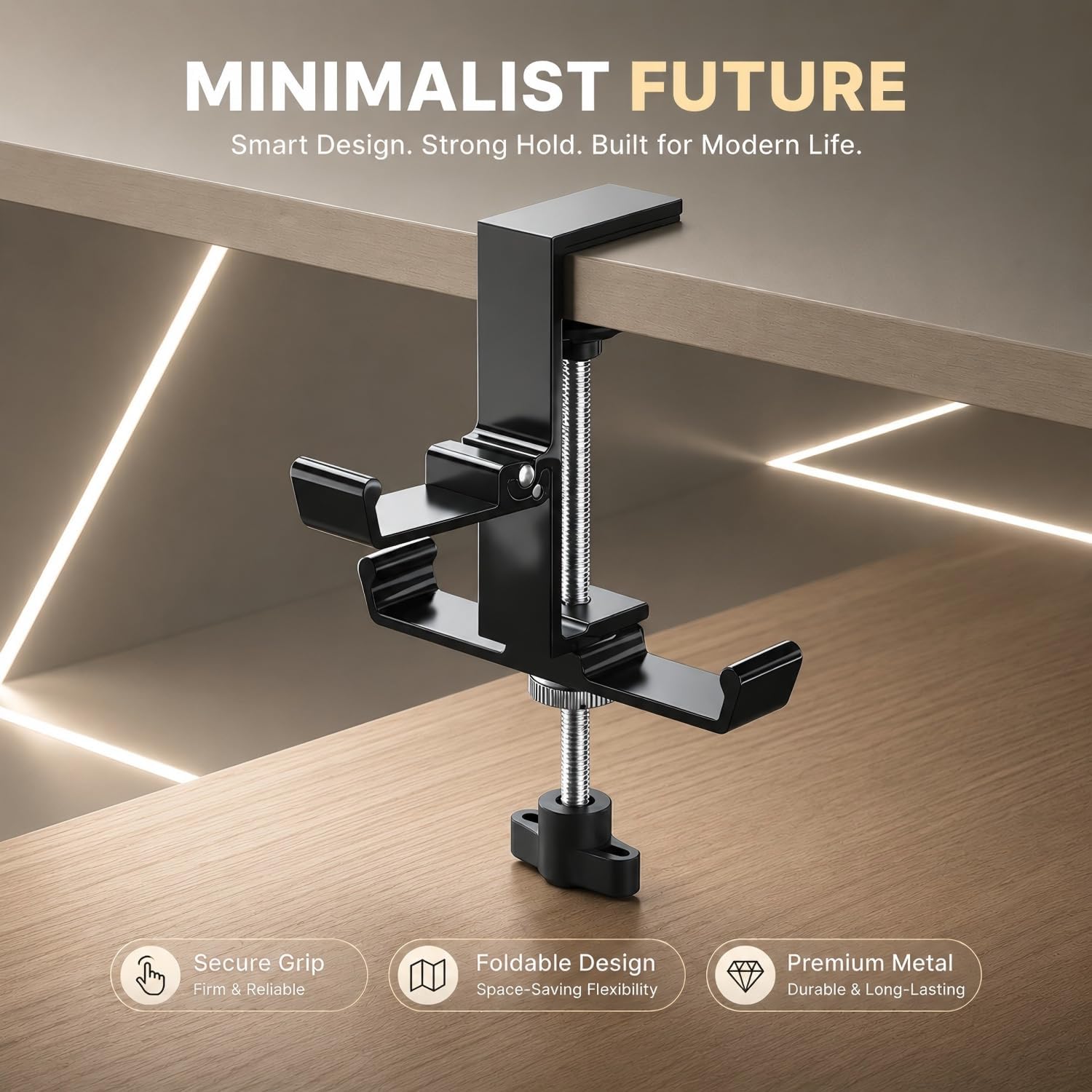 Headphone Stand for Desk, 3 Hooks Aluminum Alloy Headphone Holder (1 Foldable+2 Fixed) Space Saving Headset Stand