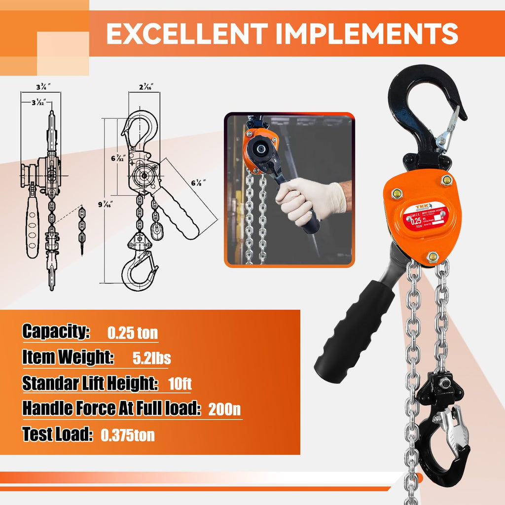 Mini Lever Chain Hoist 1/4 Ton - 550lbs Capacity, 10ft Lift, Safety Hooks - Portable Manual Hoist for Garages