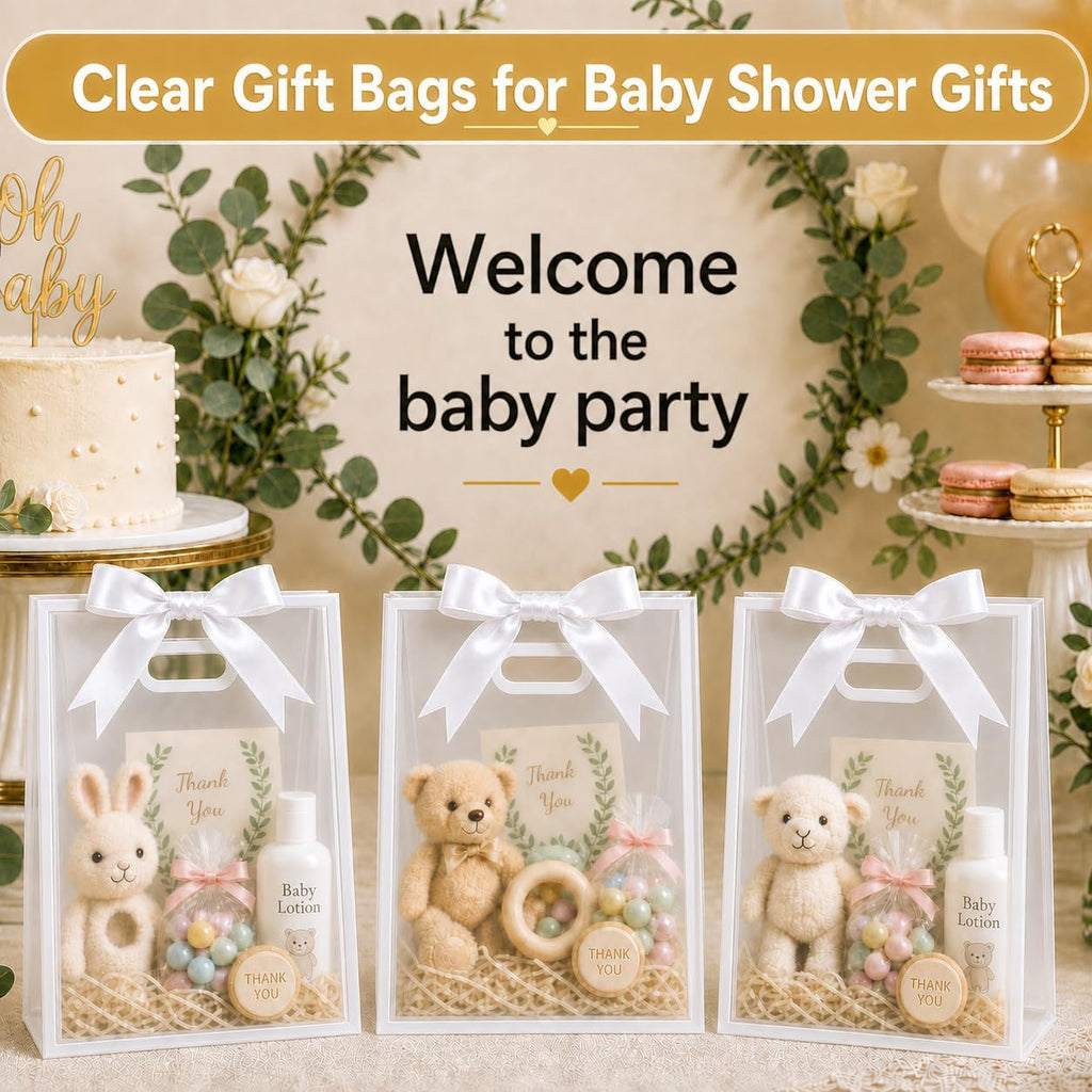 Small Clear Plastic Gift Bags with Handles, 7x10x3.15 in, 10 Pack, White