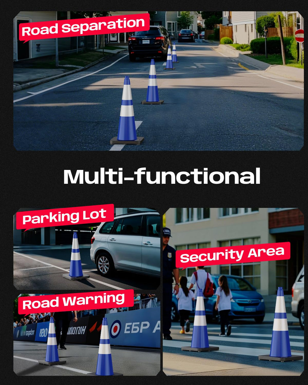 28 inch Traffic Safety Cones Blue with Weighted Base 6 Pack | Heavy duty design, reflective collars, flexible PVC