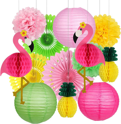Flamingo Party Supplies, Hawaiian Party Decorations Flamingo and Pineapple Honeycomb Ball Paper Lanterns Paper Fans