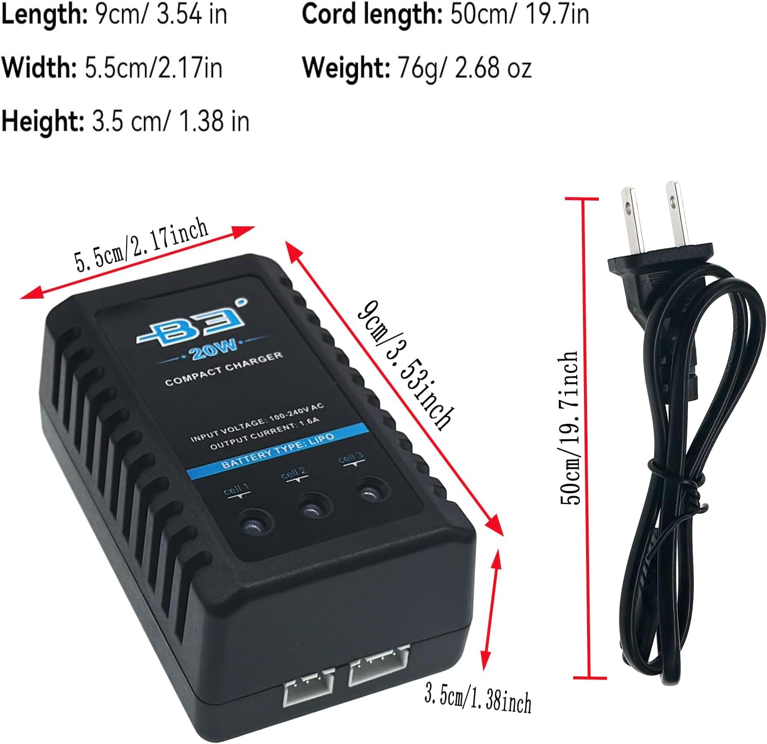 B3 Lipo Battery Charger 2S-3S RC Balance Charger with XH3P XH4P Plug for RC Car Batteries Drone Boat Airplane Truck