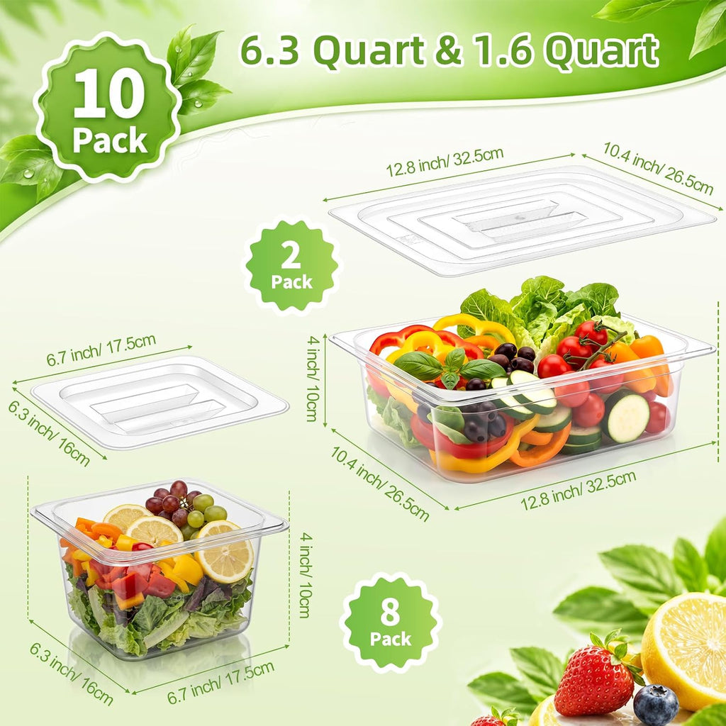 10 Pack Plastic Clear Food Pans with Lids, Stackable and Freezer Safe Commercial Food Storage Containers for Fridge