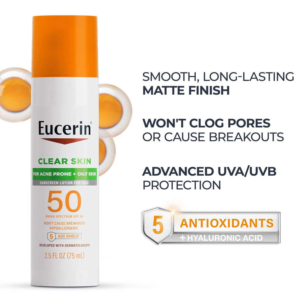 Clear Skin Face Sunscreen Lotion, SPF 50, 2.5 FL OZ | Face Sunscreen for Acne Prone, Oily Skin with Oil-Absorbing