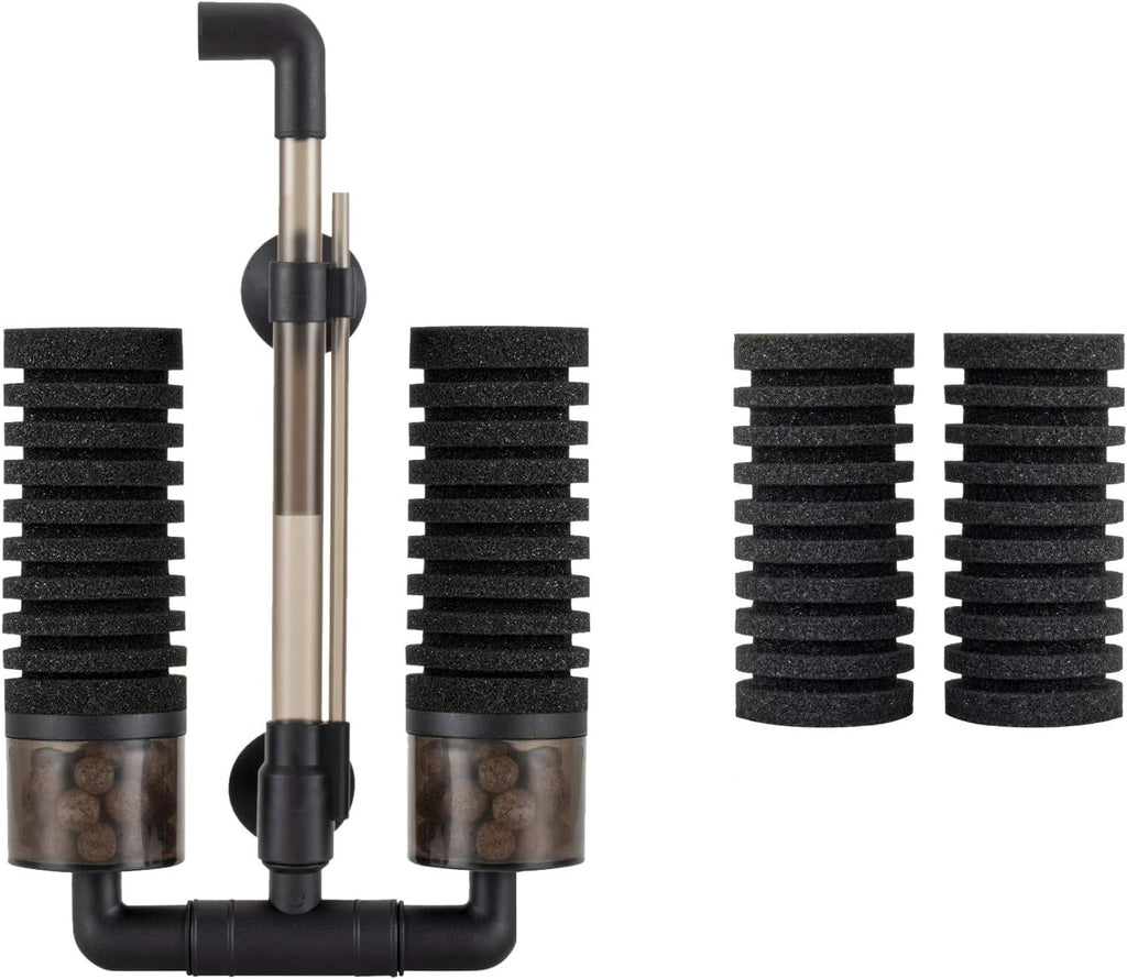 Aquarium Double Sponge Filter, Comes with 2 Spare Sponges, 1 Bag of Bio Ceramic Media Balls, Quiet Submersible Foam