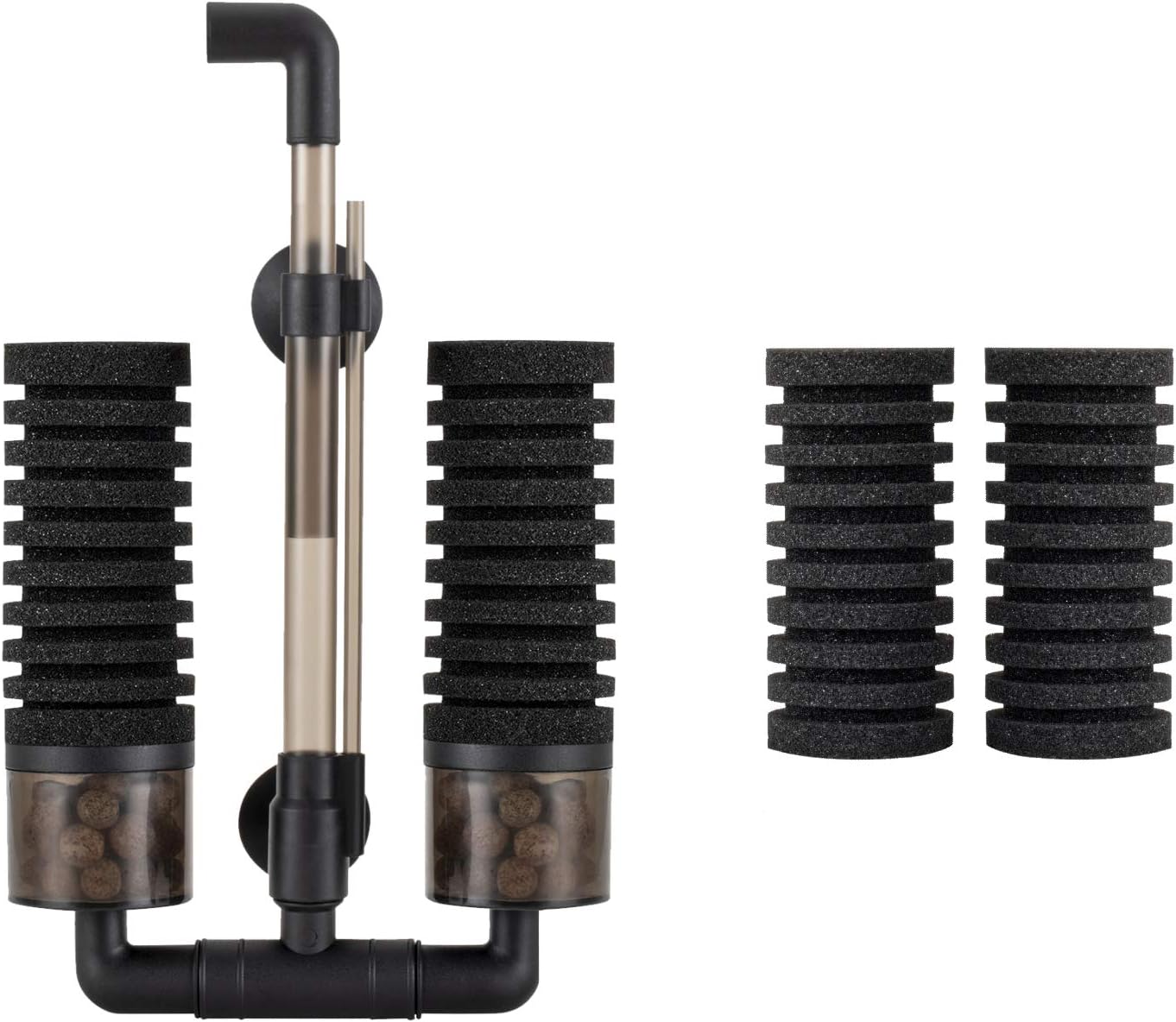 Aquarium Double Sponge Filter, Comes with 2 Spare Sponges, 1 Bag of Bio Ceramic Media Balls, Quiet Submersible Foam