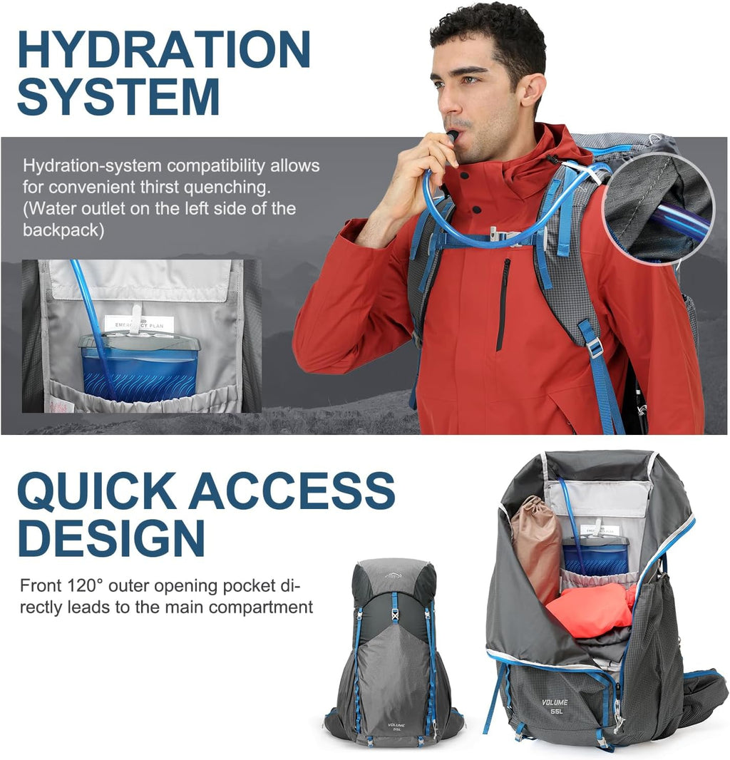55L Internal Frame Waterproof Hiking Camping Backpack with 3L Water Bladder and Rain Cover, Large Lightweight Travel