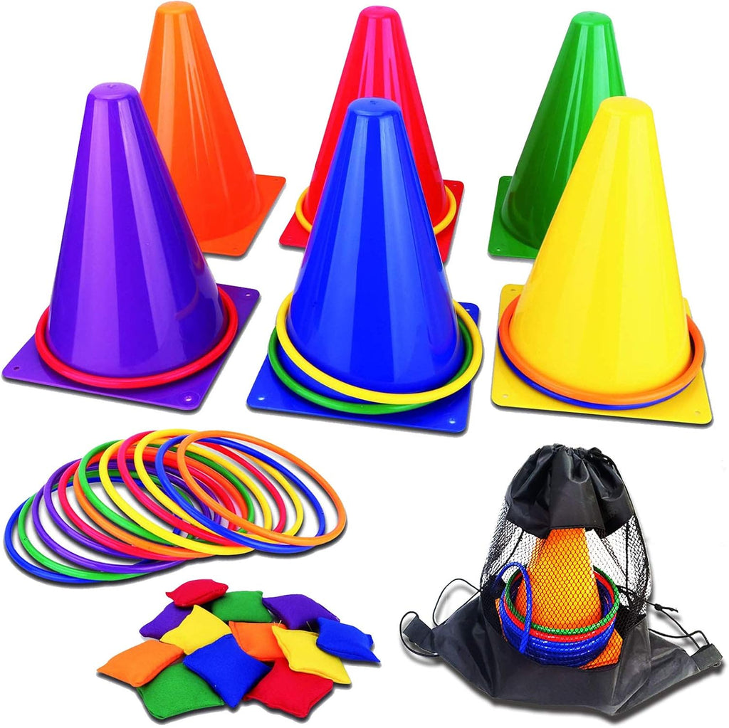 31PCS 3 in 1 Carnival Outdoor Games Combo Set for Kids, Soft Plastic Cones Bean Bags Ring Toss Game, Gift for