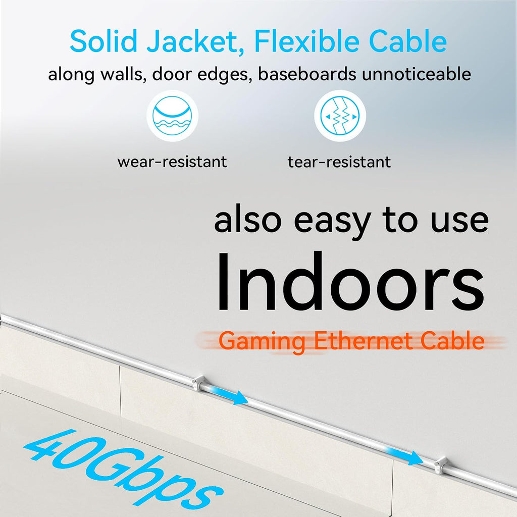 Cat 8 Ethernet Cable Slim 50ft Outdoor & Indoor, Pure Copper Cat8 Internet Cable for Waterproof & Direct Burial
