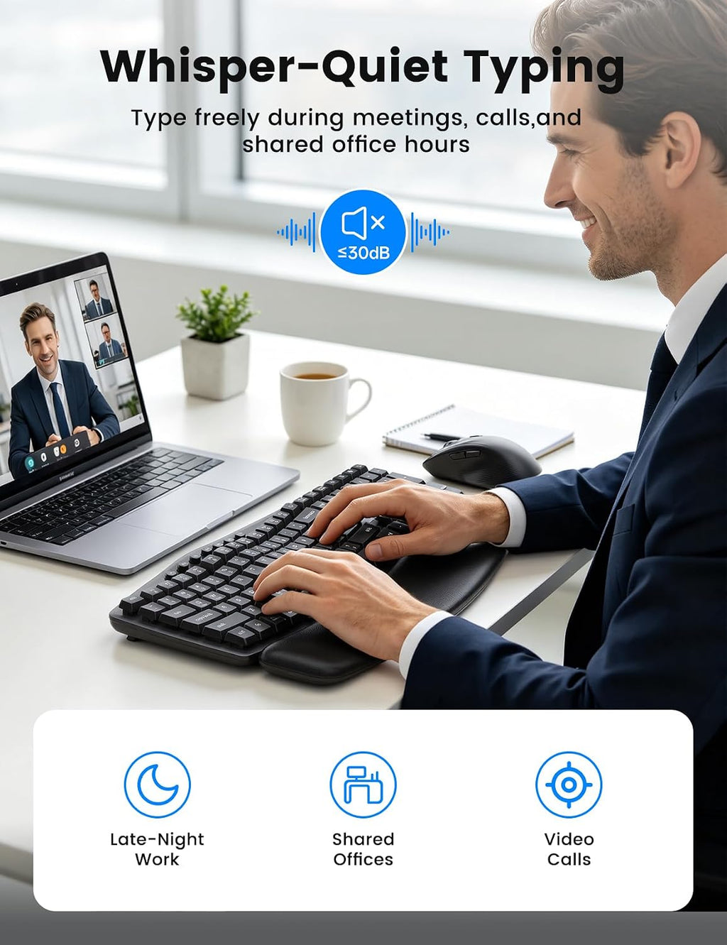 Wireless Keyboard and Mouse Combo, SABLUTE MA41 30dB Quiet Ergonomic Wave Keyboard Set with Soft Leather Palm Rest