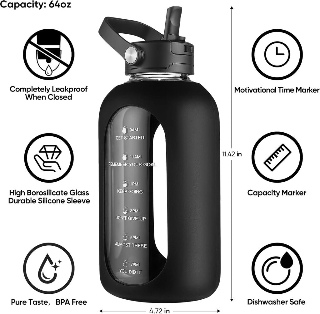64 oz Glass Water Bottle Jug with Detachable Straw and Time Maker | Half Gallon Motivational Large Flask Cup with