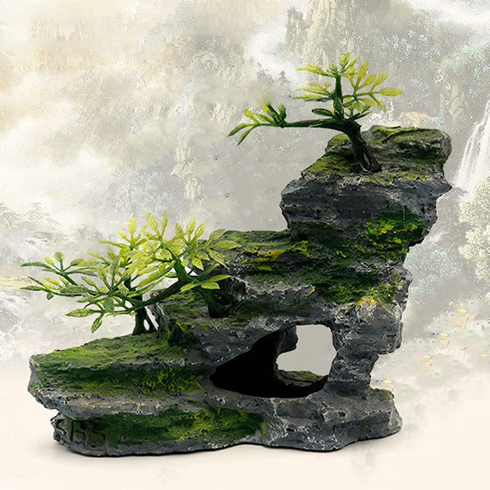 Aquarium Ornament, Mountain View Stone with Moss Tree Rock Cave Landscape Artificial Fish Tank Decoration