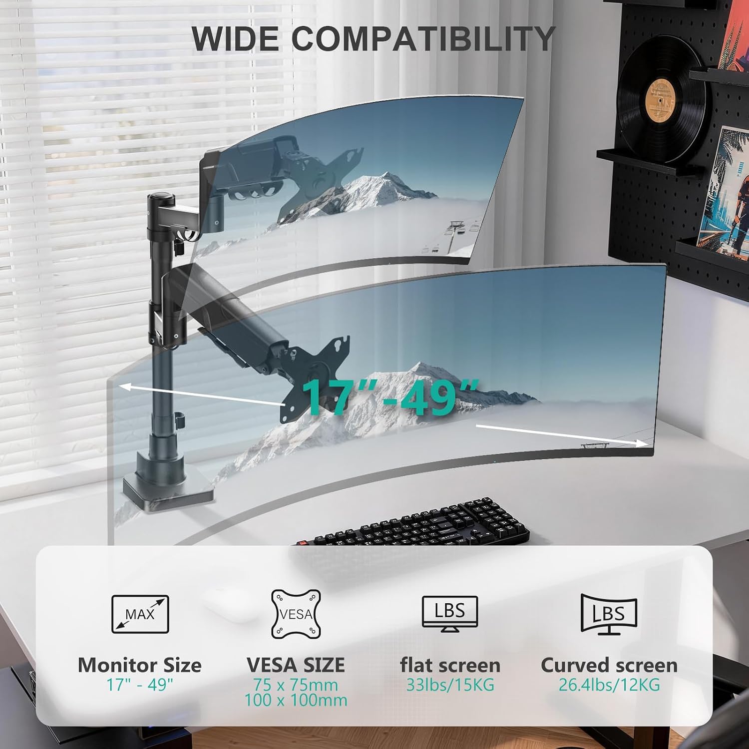 Vertical Dual Monitor Mount for 17-49 inch Curved Screens，up to 33 lbs | Heavy Duty Stacked Ultrawide Monitor Arm