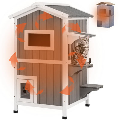 Insulated Outdoor Cat House, Weatherproof 2-Story Feral Shelter