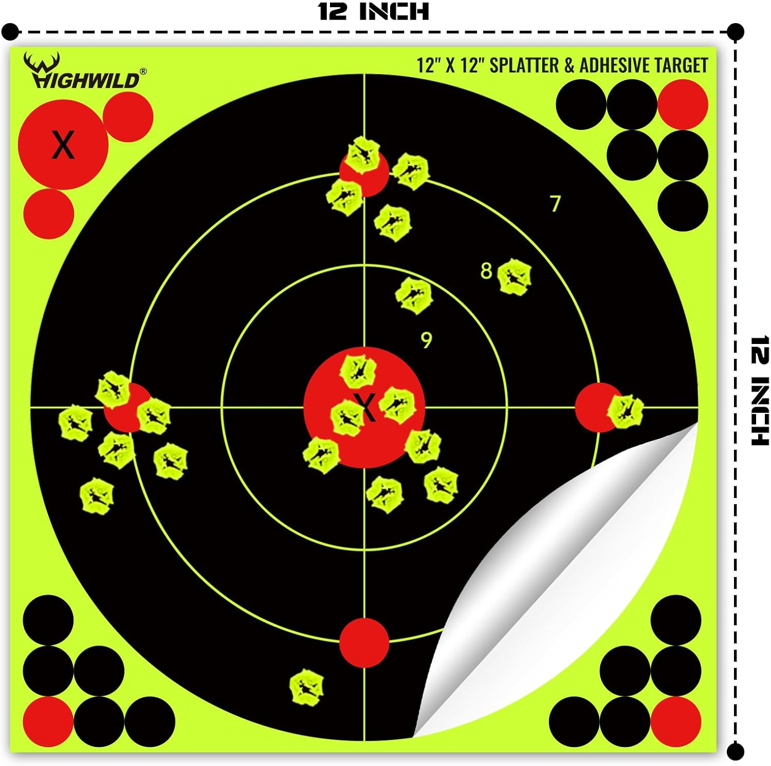 12X12 Inch Splatter Adhesive Bullseye Fluorescent Yellow Shooting Target Stickers - Suitable for Handguns, Rifles, BB