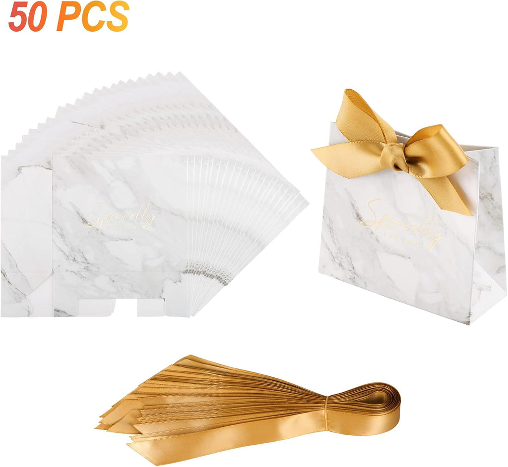 50 Pcs Wedding Party Favor Boxes, Small Thank You Gift Bags Candy Boxes with Gold Bow Ribbon Wedding Bridal Shower