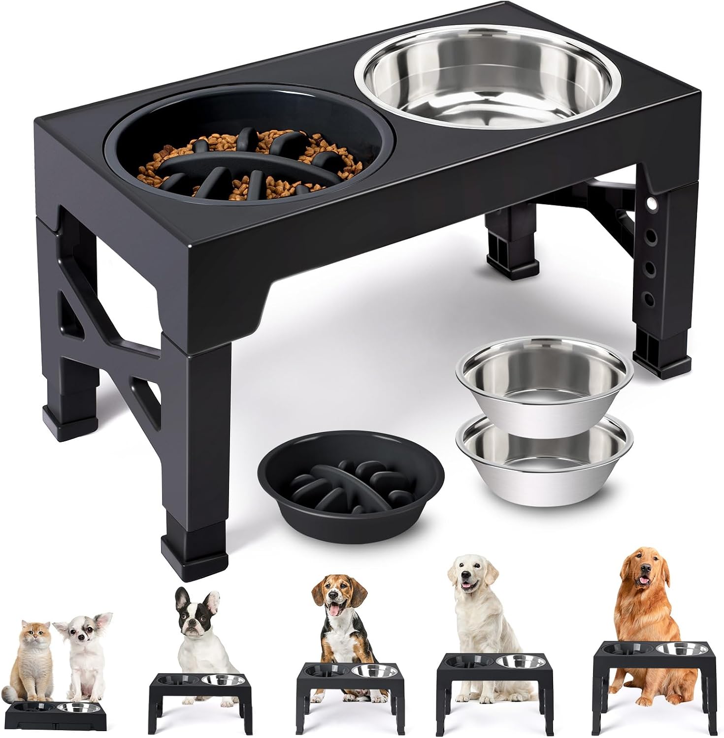 Elevated Dog Bowls - 5 Adjustable Heights Stand, 2 Stainless Steel Bowls & 1 Slow Feeder, 3.2" to 12.2" for Small to