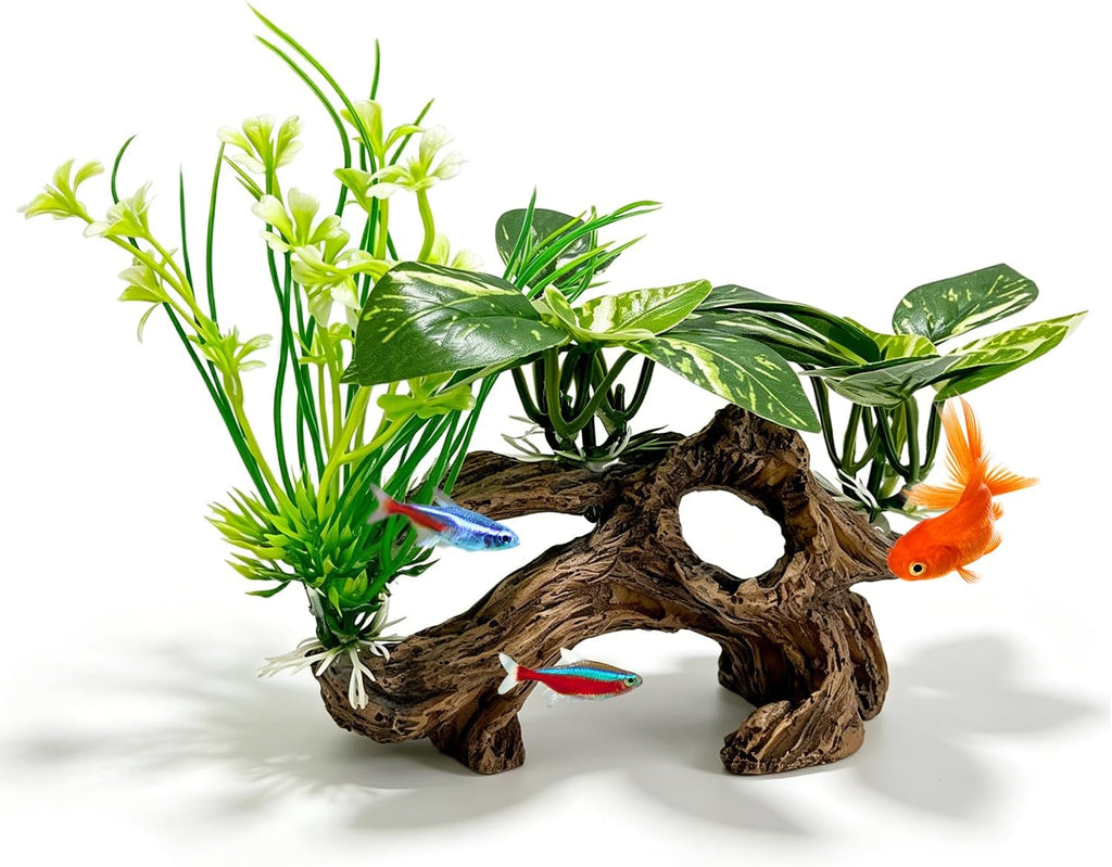 Fish Tank Decor, Artificial Driftwood Cave with Silk Aquarium Plants | Realistic Hideout Ornament for Betta, Small