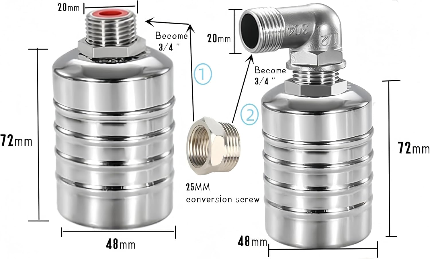 304 Stainless Steel Automatic Float Valve - Fully Automatic Water Level Control, 1/2'' to 3/4'' for Tanks, Pools