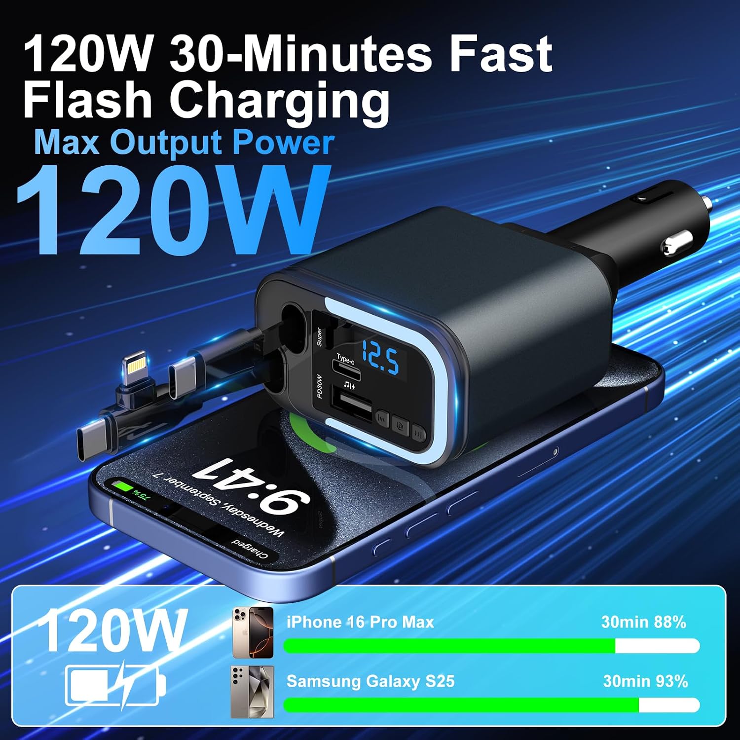 5-in-1 120W 30-Minutes Fast Flash Charging Retractable Car Charger, Wireless Bluetooth FM Transmitter, Type-C+USB-A