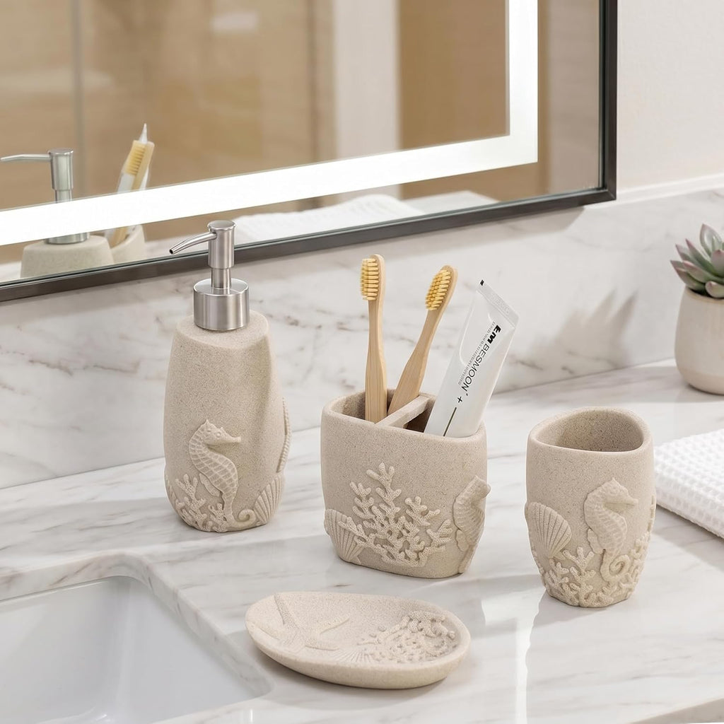 Bathroom Accessories Set, 4 PCS, Sea Bathroom Decor, Sandstone Look Beige | Ocean Theme,With 10OZ Soap Dispenser
