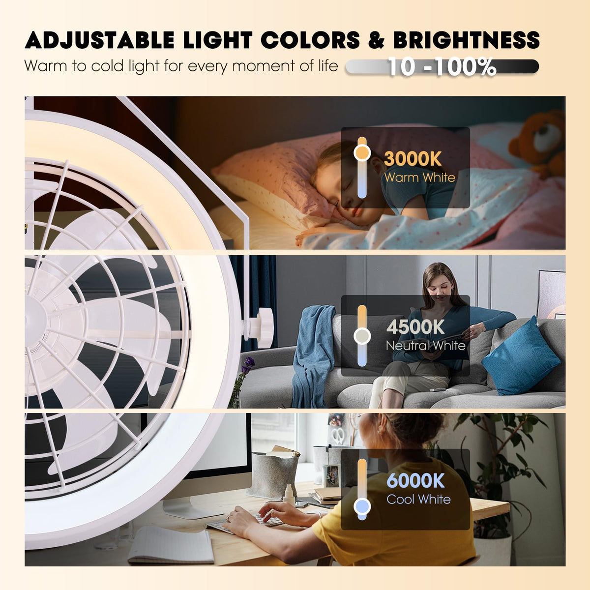 23-Inch White Plug-In Wall Mounted Fan with LED Light and Remote