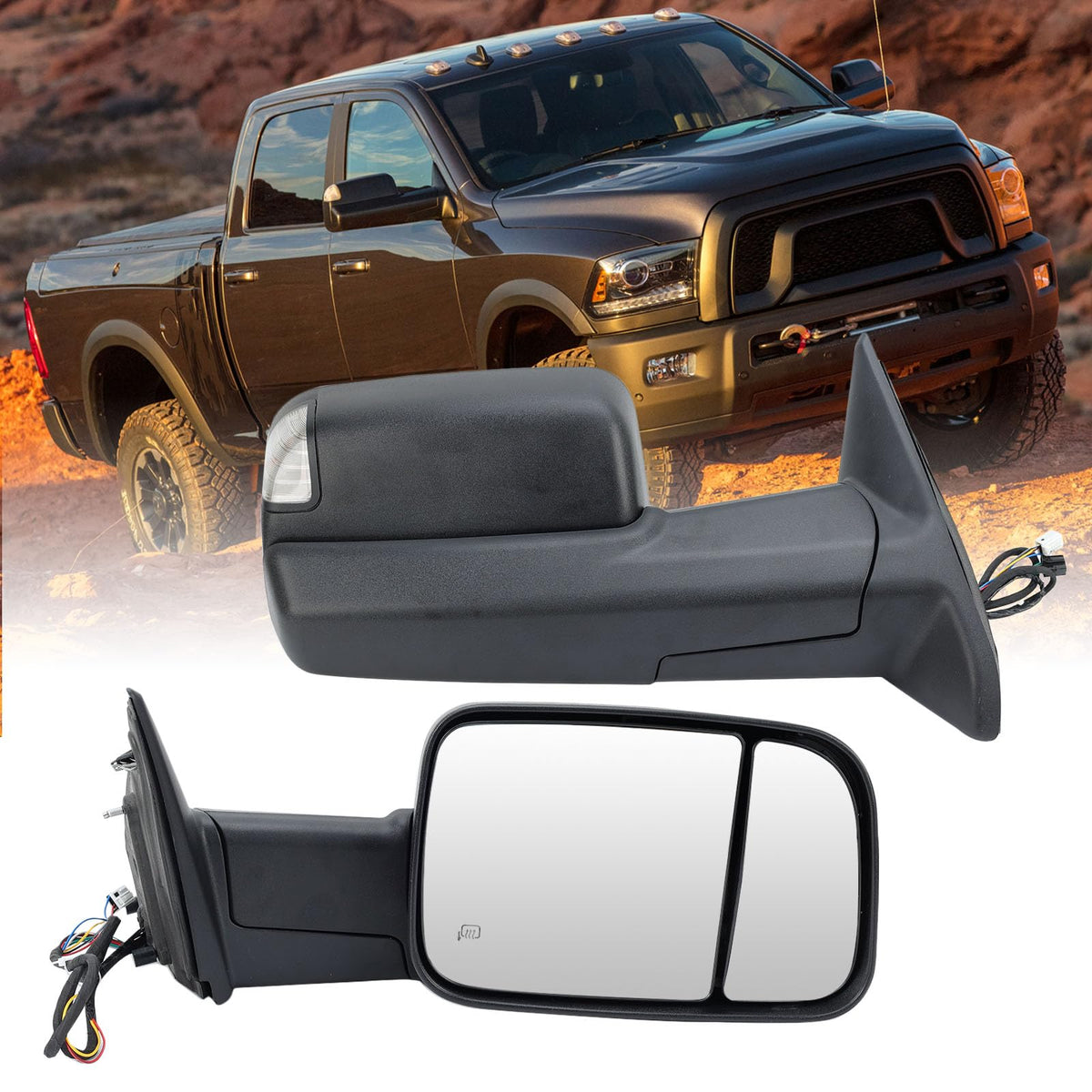 Right Passenger Side Mirror for 2013-2019 Dodge Ram 2500 Black(Long Arm)
