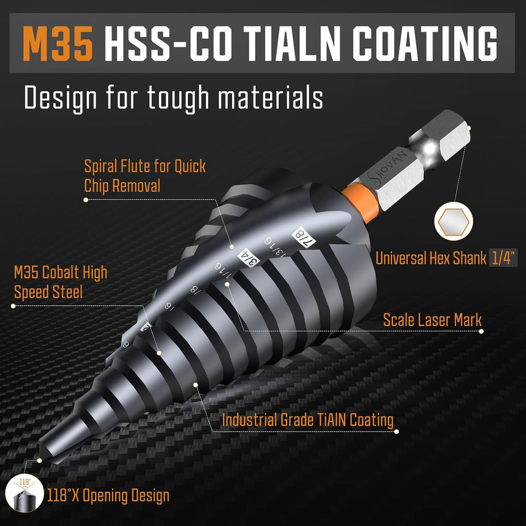 SS SHOVAN 3PCS M35 Cobalt Step Drill Bit Set (1/4"-7/8")