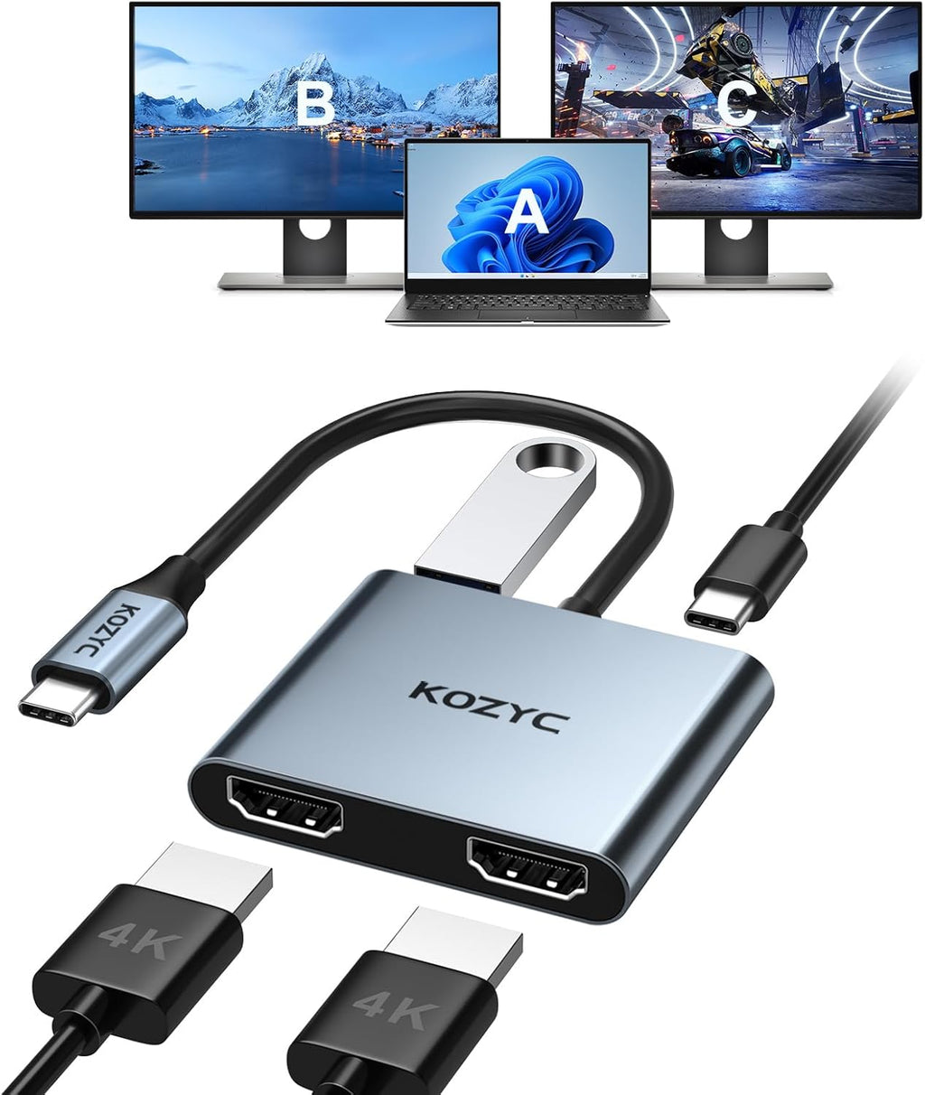 USB C to Dual HDMI Adapter 4K@30Hz, KOZYC USB C Hub Multiport Adapter with 2xHDMI, USB 3.0, 100W PD, Support USB C to