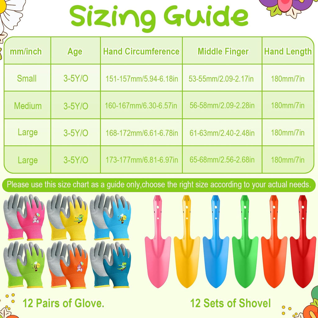 24 Pcs Mini Colorful Metal Hand Shovel and Glove Set Shovel Spade Gloves Digging Trowel Set Kids Gardening Gloves 12