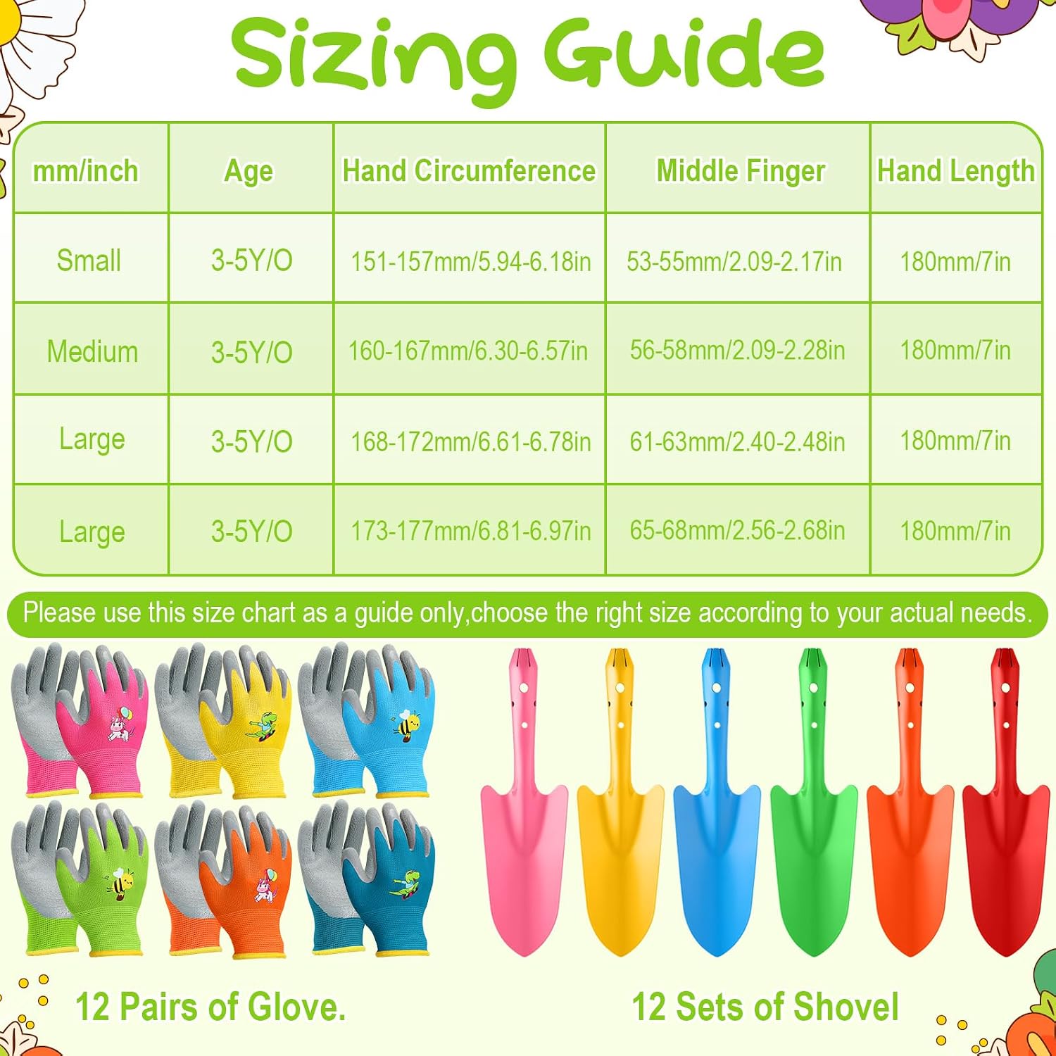 24 Pcs Mini Colorful Metal Hand Shovel and Glove Set Shovel Spade Gloves Digging Trowel Set Kids Gardening Gloves 12