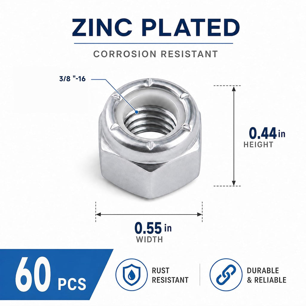 3/8"-16 Inch Lock Nuts, Galvanizing Carbon Steel Nylon Insert Locknuts,Standard Inch Thread Nylock Nuts for Bolts 60 Pack